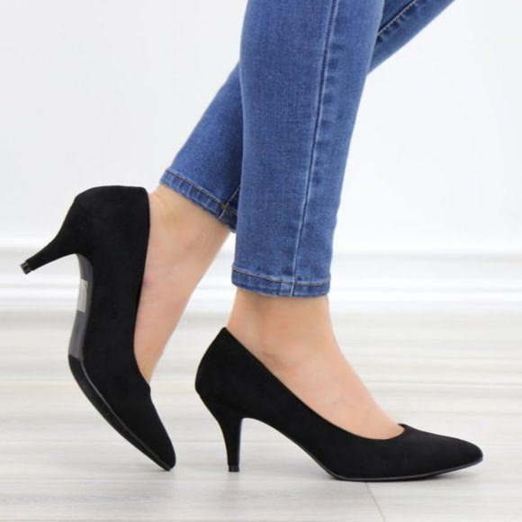 Black Suede Pointy Toe Kitten Low Heel Pumps - Picture 4 of 13